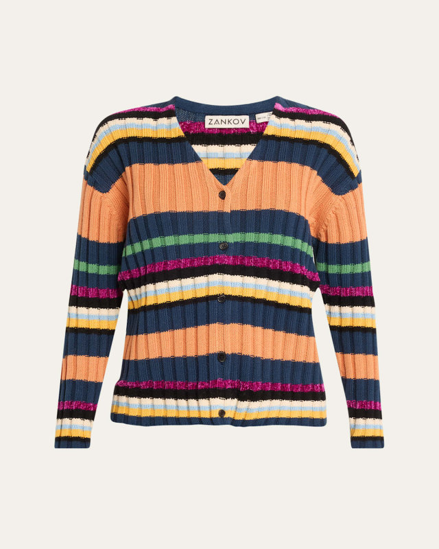 Suri V-Neck Stripe Ribbed Wool Cardigan